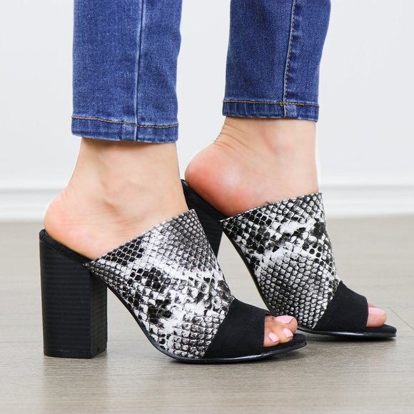 Snake Print Open Toe Slip on Chunky High Heel - Picture 4 of 7